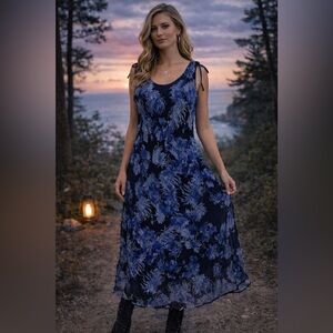 Vintage 90s Y2K Blue Floral Crinkle Maxi Dress Petite 12P Fairy Cottagecore Goth